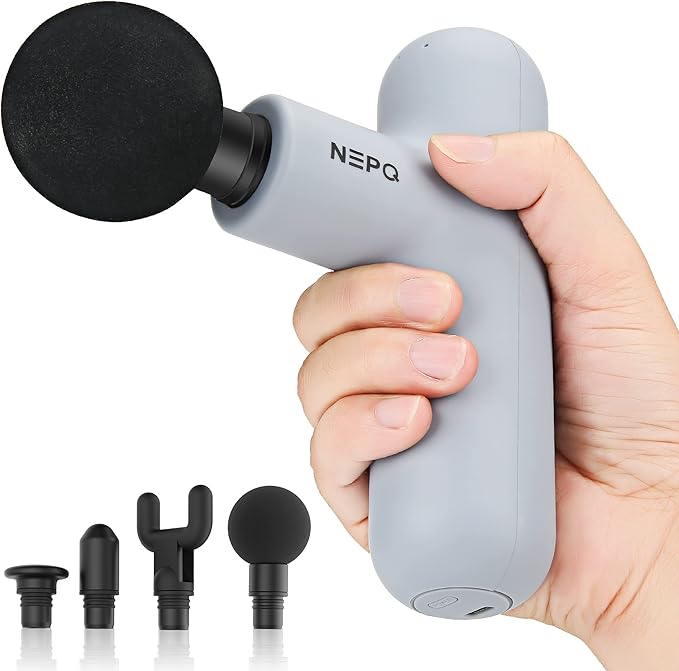NEPQ Mini Massage Gun, SK6 Fascial Gun Portable Deep Tissue Percussion Muscle Back Head Massager for Pain Relief with 4 Massage Heads 4 Speed High-Intensity Vibration Rechargeable (Gray)