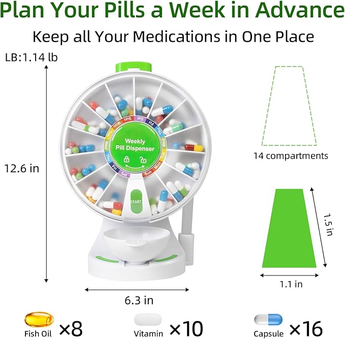 Stand-Up Pill Dispenser - Daily Medication Organizer for Seniors, No-Flip/Easy-Press Design, Wall-Mountable or Free-Standing, 14 Large Compartment Pill Box for Vitamin, Medicine, Supplement