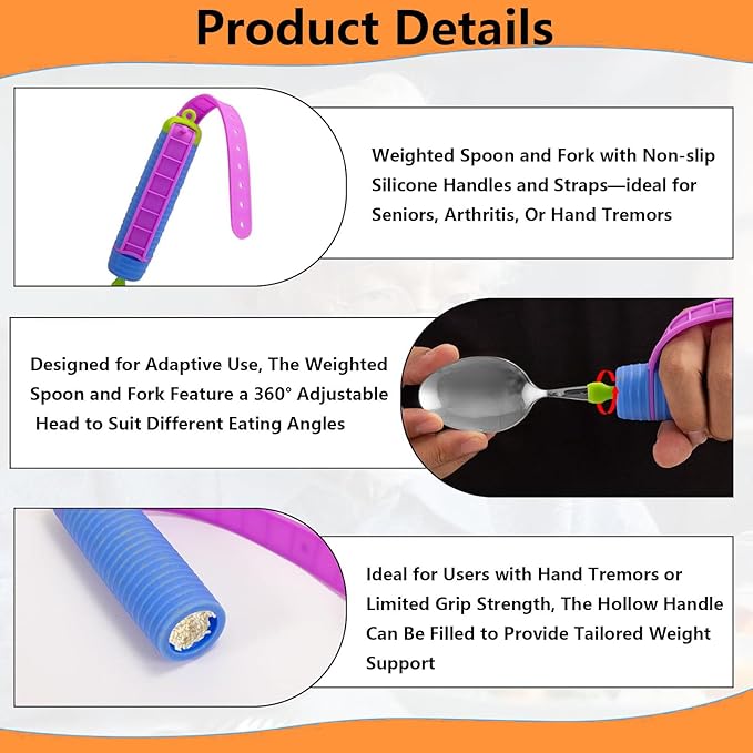 Adaptive Utensils for Arthritis, Parkinson’s & Hand Tremors – 360° Rotating Weighted Fork and Spoon with Adjustable Silicone Strap, Non-Slip Handle, Promote Independent Eating for Elderly