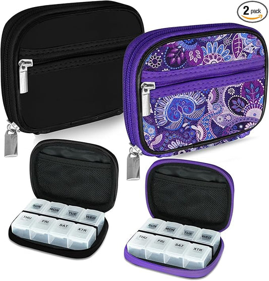 Serfeymi Weekly Travel Pill Organizer Pill Case for Purse with Removable 7 Day Pill Box, Fashionable Travel Medicine Organizer Pill Container for Medicine, Vitamin, Supplement - Black 01 + Purple 01