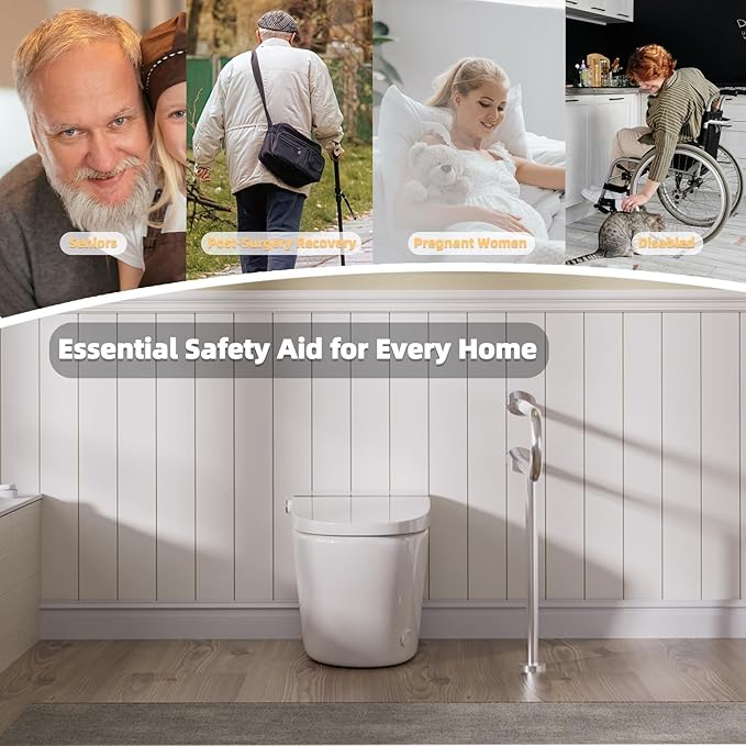Toilet Grab Bar with Leg, Floor Mounted Knurled Safety Rail, Heavy Duty Brushed Nickel Stainless Steel Support Handle, Bathroom Stand Assist, Non-Slip Mobility Aid for Elderly, Disabled, 31 Inch