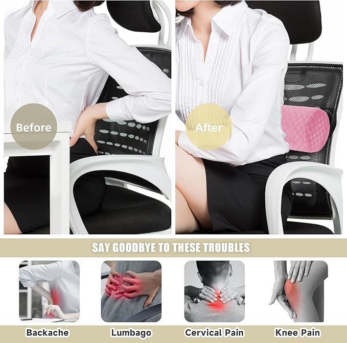 Lumbar Roll Pillow for Lower Back, Lumbar Support Foam Roll Cushion with Pillowcase and Upgraded Strap for Office, Chair, Car, Seat Pain Relief & Improving Posture (Pink, Short-11 * 4.3'')