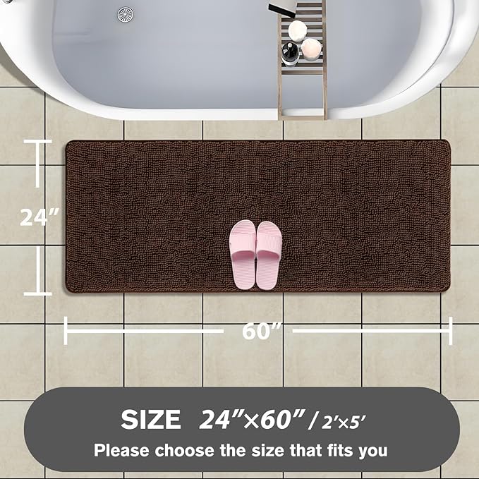 Bathroom Runner Rug 24 x 60 Inch – Extra Large Long Bath Mat | Absorbent and Washable Thick Chenille Bath Rug Non-Slip Runner Rug for Bathroom, Shower, Sink(Brown)