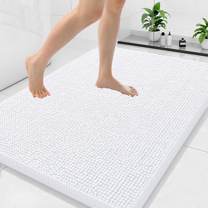 Arotive Bathroom Rugs 40x32, Extra Soft Absorbent Shaggy Chenille Bath Rugs, Machine Washable Rubber Backing Non-Slip Bath Mats for Bathroom Floor Tub and Shower, Home Decor Accessories, White