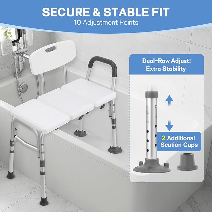 TABEKE Tub Transfer Bench for Bathtub, Tool Free Assembly Shower Chair with Backrest & Armrest, Height Adjustable Shower Bench, Shower Seat for Elderly and Disabled