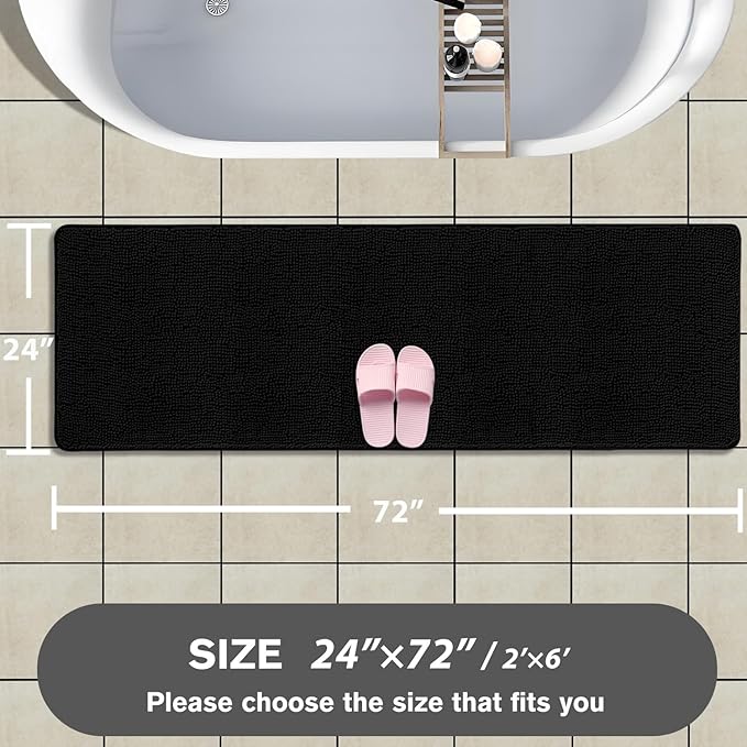 Bathroom Runner Rug 24 x 72 Non Slip – Extra Long Bath Mat | Absorbent and Washable Thick Chenille Runner Rug for Bathroom, Shower, Tub, Sink(Black)