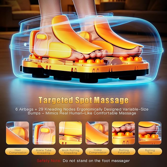 Foot Massager with Heat for Neuropathy, Deep Kneading Shiatsu Foot Massager for Plantar Fasciitis, Cordless Control, 6 Airbags 29 Nodes Deep Rolling, Gifts for Women Mom Men Dad Seniors