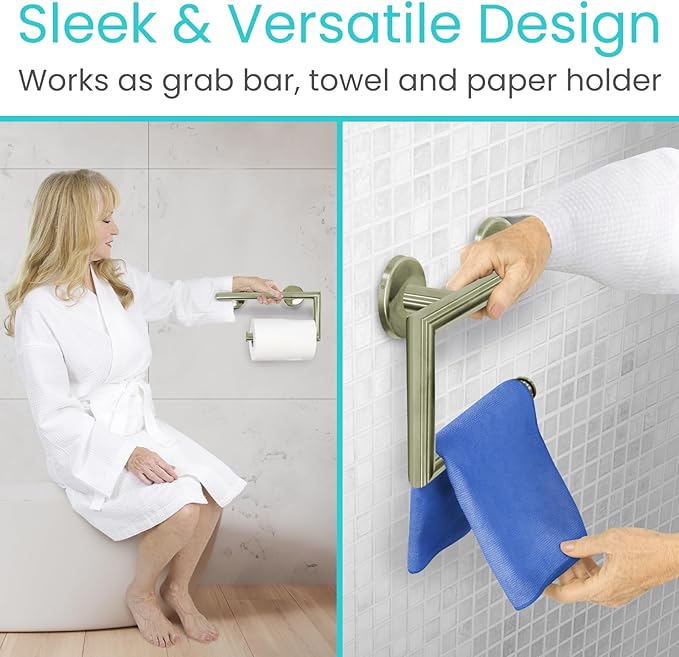 Vive Grab Bar with Toilet Paper Holder (350lbs) - Handrail Bar Combo for Bathroom Wall - Safety Support for Elderly, Seniors & Disabled - Handicap Assist for Restroom Walls & Getting up from Toilets