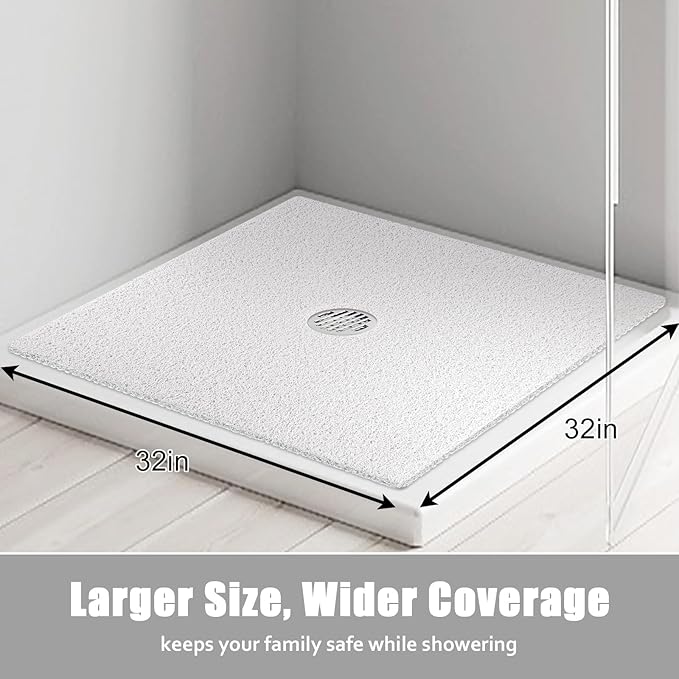 ZOESOE Square Shower Mat Non Slip: 32x32 Inch Large Shower Mats for Inside Shower with Drain Hole in Center, Super Soft PVC Loofah Massage Shower Stall Mat, Anti Slip Shower Floor Mat, Quick Drying