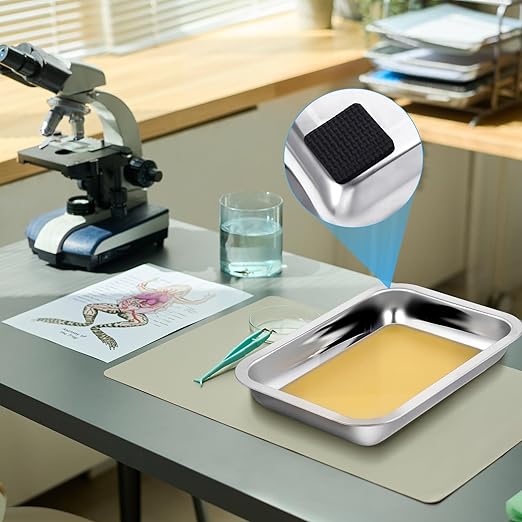 Conelist 1 Set 10.2 x 7.5 Inch Dissection Pan with Yellow Wax Thicken with 4 Rubber Nonslip Mat Reusable Stainless Steel Thicken Dissection Pan for Lab Experiment Junior Senior