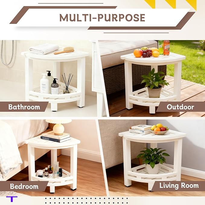 KALUMOON Corner Shower Stool, HDPE Waterproof Shower Bench for Inside Shower, Small Shower Chair Seat for Shaving Legs with Storage Shelf, Shower Head Holder, Adjustable Feet (White)
