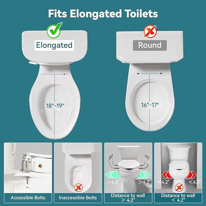 Clirass 3" Raised Toilet Seat with Handles and Bidet - Non-Electric Bidet with Dual Nozzles - Elevated Toilet Risers for Seniors & Limited Mobility - Easy Install & Clean (Elongated with Handles)