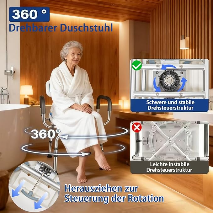 U 2-Level Width Adjustable 360° Heavy Duty Swivel Shower Chair for Inside Shower and Tub w/Reinforced X-Bar, 550lb Shower Seat for Bathtub w/Arms and Back for Seniors, Handicap, Elderly and Disabled