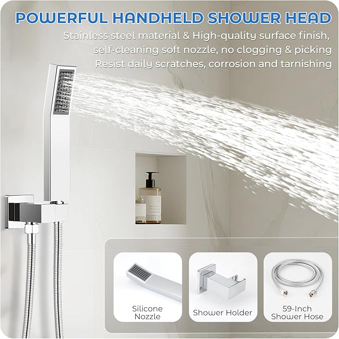 Chrome Shower Faucet Set, 10 inch Rain Shower System with Pressure Balance Valve, Wall Mounted 2-Functions Bathroom Shower Systems with Rain Shower and Handheld Spray Shower Trim Included