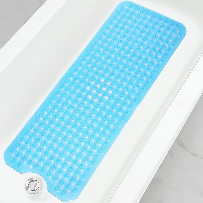 Linoows Bathtub and Shower Mats, 40x16 Inch Extra Large Non Slip Soft Bath Tub Mat with Suction Cups and Drain Holes for Bathroom Floor, Machine Washable, Clear Blue