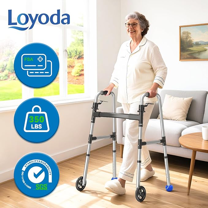 Loyoda Folding Walker with 2 Precut Tennis Balls, 5" Wheels Lightweight Walkers for Seniors and Adults, Supports Up to 350 Pounds, Adjustable Height, Compact Standard Walker