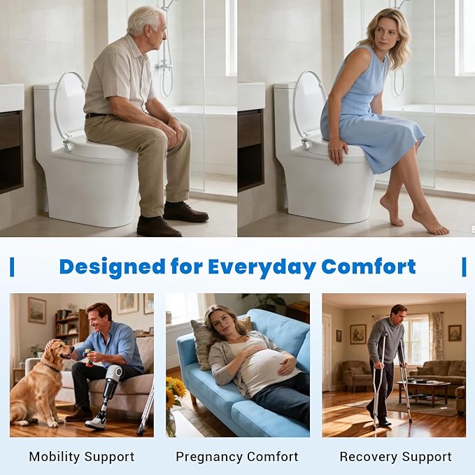 Raised Toilet Seat with Bidet for Seniors, 3" Height, Heavy Duty Slow Close Elevated Toilet Seat with Never Loosen Hinges, Fits Most Elongated Toilets, No Electric Cold Water Only (White 18.5")