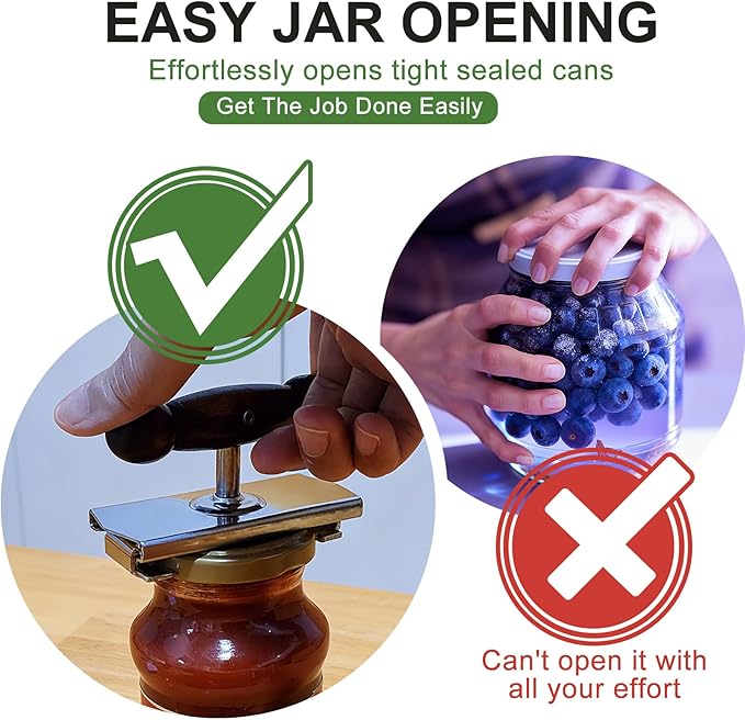 Heavy-Duty Cap Crack Jar Opener for Senior & Weak Hand - Strong Grip Oak Wood Handle & 304 Stainless Steel, Adjustable Manual Leverage Lid Remover for 1.5"-4" Jars [Clamp on Lid to Open]