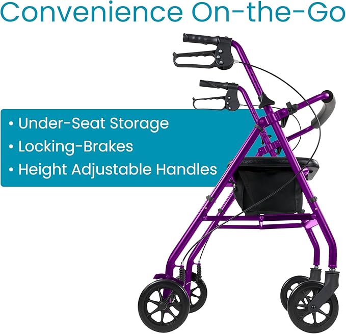 Vive Ultra Lightweight Rollator Walker with Seat - Foldable, Narrow, Rolling Senior Walker for Small Spaces - 4 Wheel Aluminum Adult Easy Drive Aid with Underseat Accessory