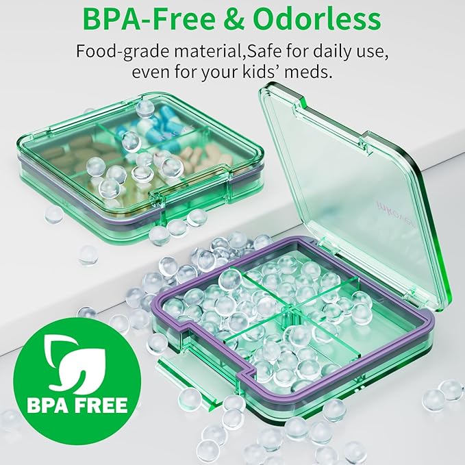 Small Pill Box, Travel Pill Organizer, Small Pill Case, Pill Container for Purse 4 Compartments, Daily Compact Travel Medicine Holder for Vitamins Medication (Green)