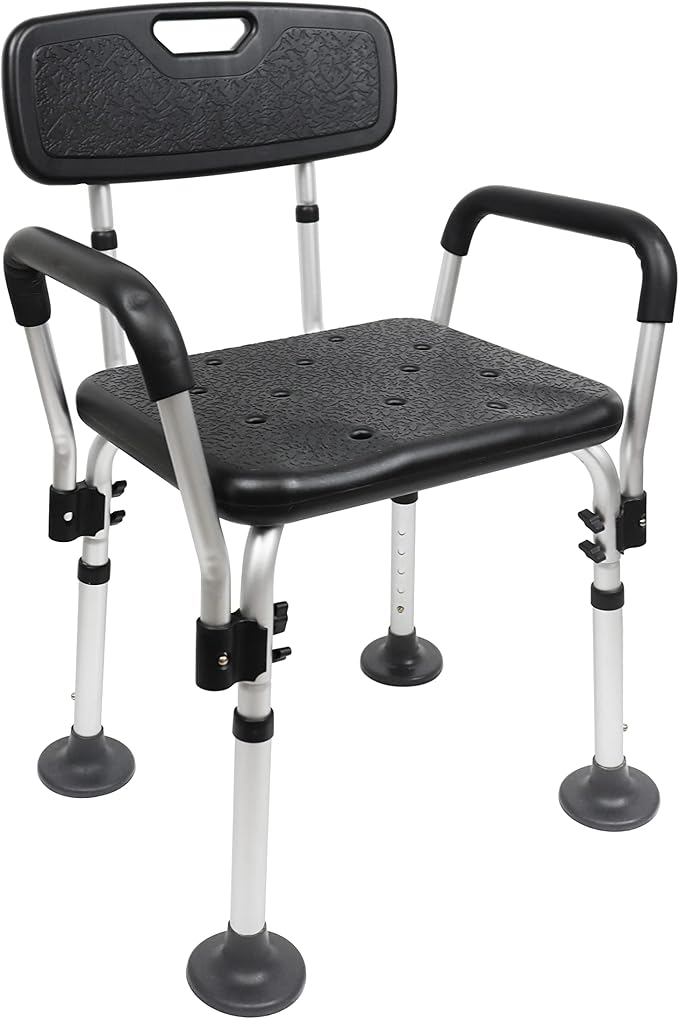 PEPE Mobility Shower Chair to Sit on in Shower, Height Adjustable with Non-Slip Tips, Removable Armrests, Tool-Free Assembly, Black, Safety Bath Seat
