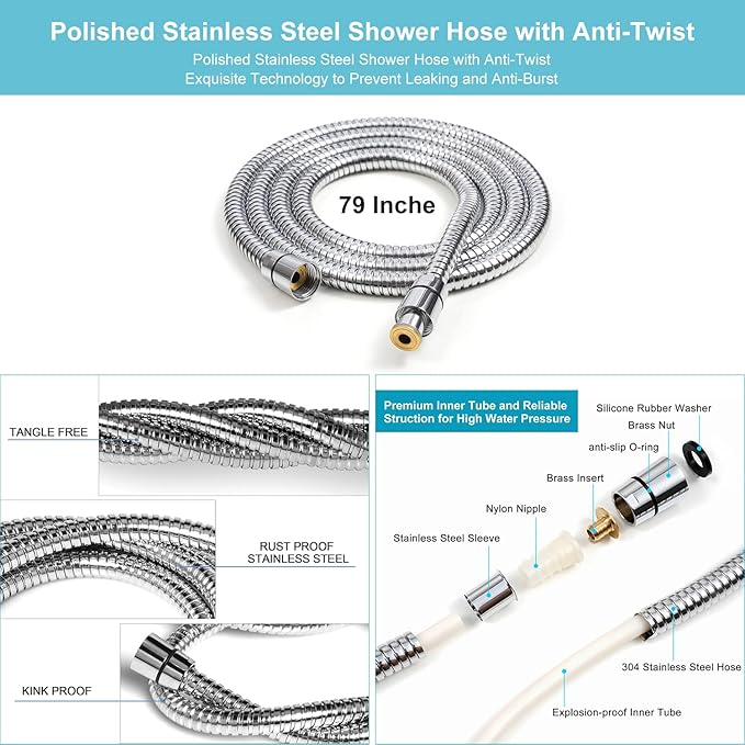 Handheld Shower Head with ON/OFF Switch,Detachable 8 Mode High Pressure Shower Wand with Long Hose and Bracket PLUS Extra Adhesive Holder for Lower Mount,Built-in Power Wash to Clean Tub,Silve