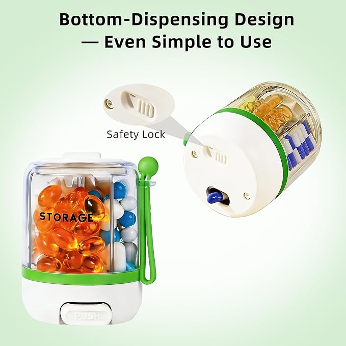 4 Compartments Pill Bottle Organizer, Anti-Mix Travel Pill Dispenser with Safety Lock, Pill Case with 16pcs Labels, Cute Pill Organizer for Seniors, Caregivers & Daily Vitamin Management(Green)