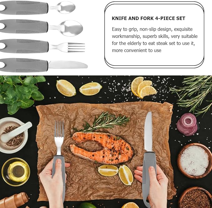 Adaptive Utensils Set for Elderly & Arthritis - 4Pcs Lightweight Stainless Steel Silverware for Weak Hand Grip, Tremors and Handicapped