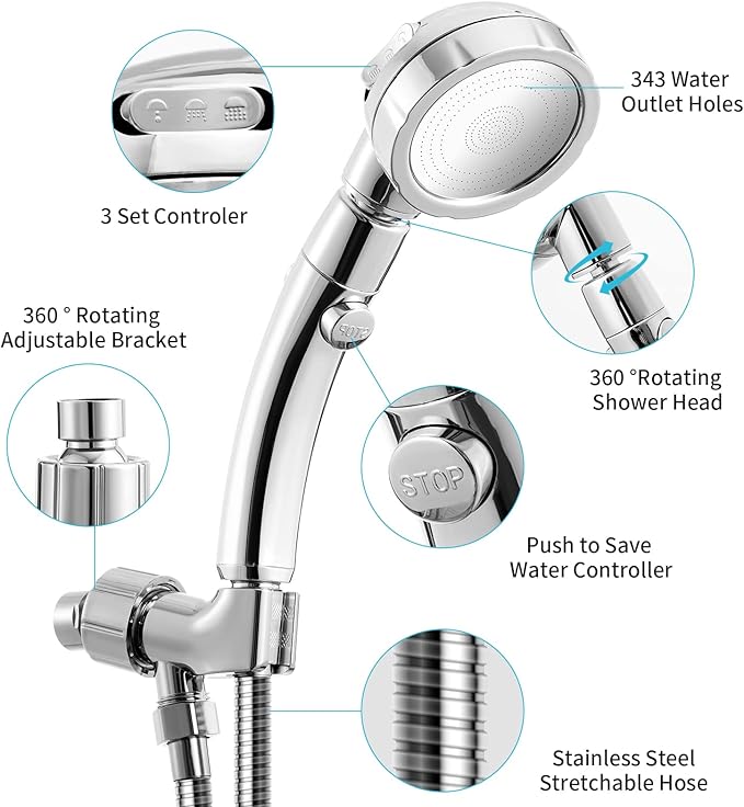 Marbrasse High Pressure Shower Head with Hose and Holder, 3-Settings Handheld Showerhead with Push Switch and Button to Control Water Flow for Saving Water,Removable Camper Shower Head