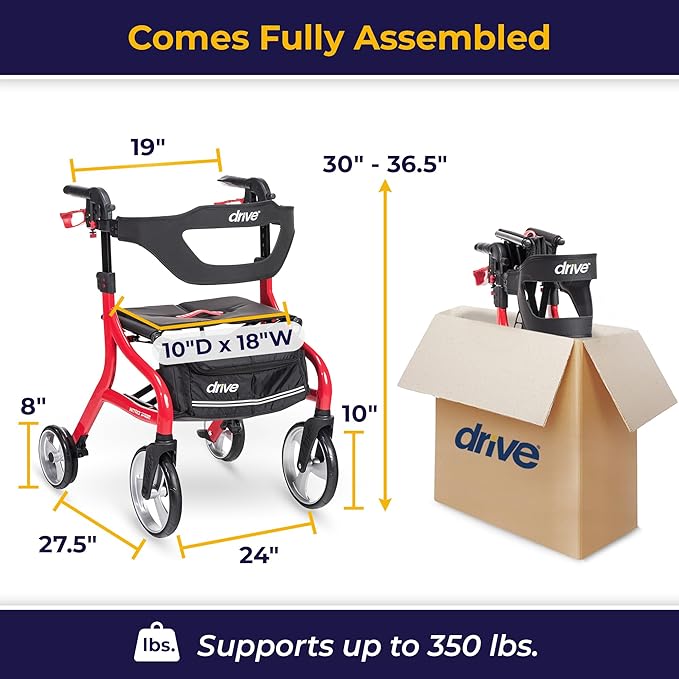 Drive Medical Nitro Sprint Foldable Rollator Walker with Seat - Lightweight Support - Large Wheels - Compact Folding Design - Adjustable Comfort - Standard Size - Red