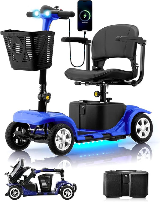 Mobility Scooter for Adults, Senior, 4 Wheels Electric Powered Chargeable Device for Travel, Lightweight Mobility Scooter, with LED Headlights and Basket, Charger Included
