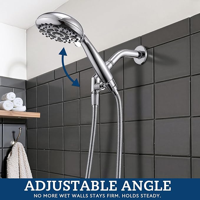 G-Promise Handheld Shower Head High Pressure 6 Spray Settings, Detachable Hand Held Showerhead 4.9 Inch Face with Extra Long Flexible Hose and Angled Bracket for Caddy & Shelf Installation