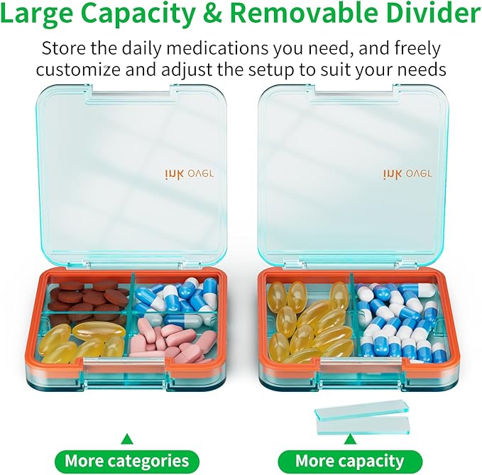 Small Pill Box, Travel Pill Organizer, Small Pill Case, Pill Container for Purse 4 Compartments, Daily Compact Travel Medicine Holder for Vitamins Medication (Blue)