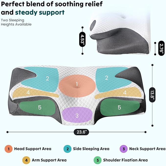 DUMOS Cervical Neck Pillow for Sleeping, Cooling Ergonomic Memory Foam Pillow with Arm Rest Slot and Ice Silk Pillowcase, Dual Height Orthopedic Support Contour for Side, Back, Stomach Sleepers