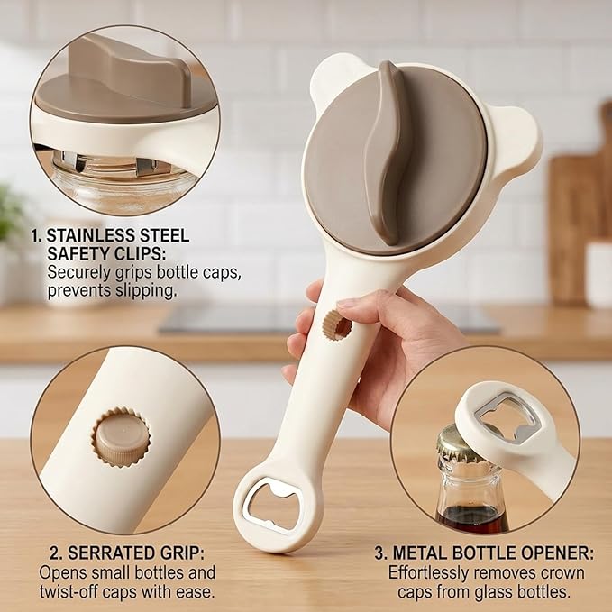 Jar Openers for Seniors, 4-in-1 Multi-Function Jar Opener with Adjustable Three-Prong Design, Stainless Steel Safety Clips for Tight Lids and Bottles, Ergonomic Grip for Home Kitchen Use