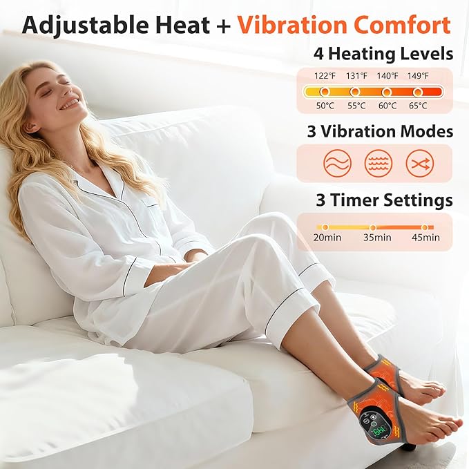 Cordless Ankle Massager, Ankle Heating Pad with Massage, Heated Foot Brace Wrap with 3000mAh Rechargeable, 4 -Level Heats, Foot Heating Pad for Sports/Work/Travel (Grey)