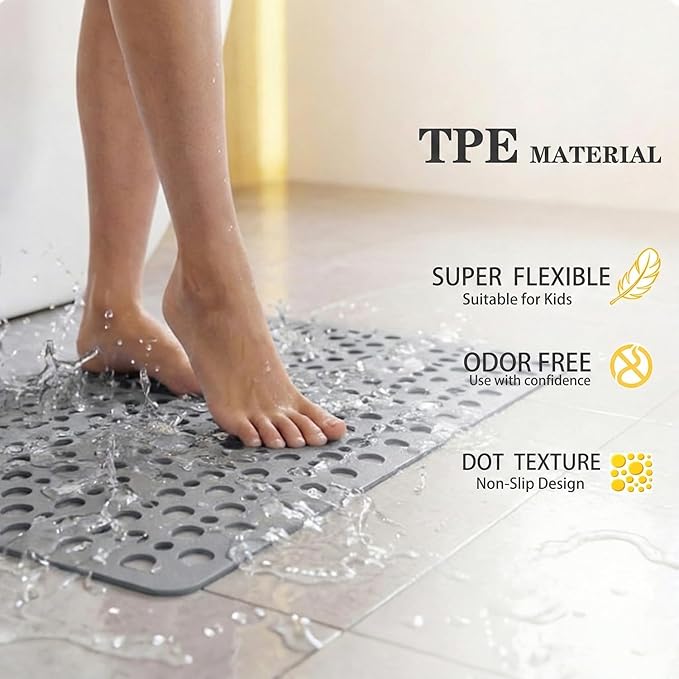 Nonslip Bathtub Mat Extra Soft TPE Bath Mat for Kids, Machine Washable Bathroom Shower Mat, Smooth/Non-Textured Tubs Only, 35L x 16W Inch (Light Gray)