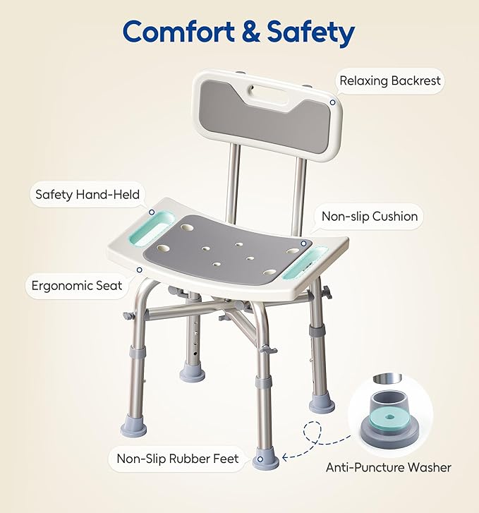 Bluelog Shower Chair with Back for Elderly and Disabled, Shower Seat Bench Stool, Adjustable Height, 350 lbs Capacity, Rectangular