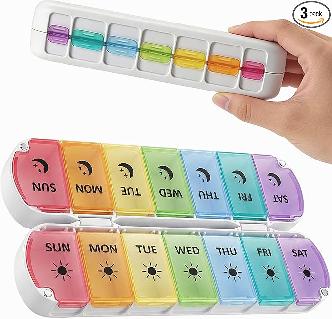 Weekly Pill Organizer 2 Times a Day, Magnetic Foldable AM PM Pill Box with Dual Protection, Large Travel Medication Case for Vitamins, Fish Oils, Supplements (Rainbow Color)