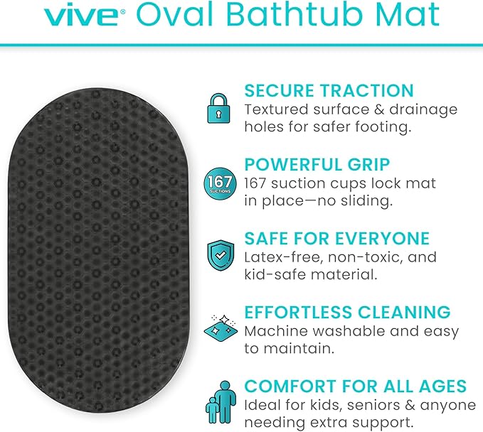 Vive Oval Bathtub Mat - Nonslip Shower Floor Pad - Non-Slip and Non-Skid for Bath Tub with Strong Rubber Suction Cup Grip - for Baby, Elderly, Kids, Bathroom (Black)