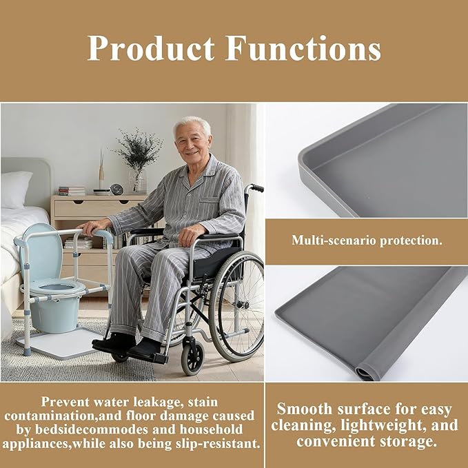 Bedside Commode Mat for Seniors & Adults | Non-Slip, Waterproof Commode Toilet Pad with Raised Edge | Reusable Silicone Potty Chair Mat for Portable Bedside Toilet Commode (Gray, Large 23.6"x19.7")