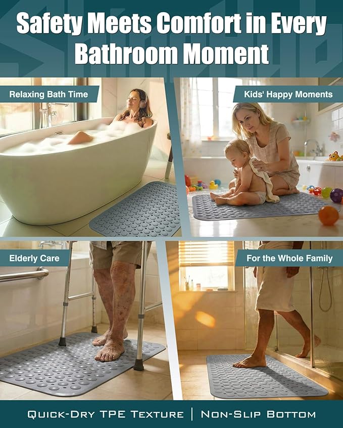 7mm Extra Thick TPE Bath Mat, Non-Slip Shower Mat for Bathroom and Tub, 28x16 Inch with Drainage Holes and Stability Grip, Machine Washable, Mist Pine Gray