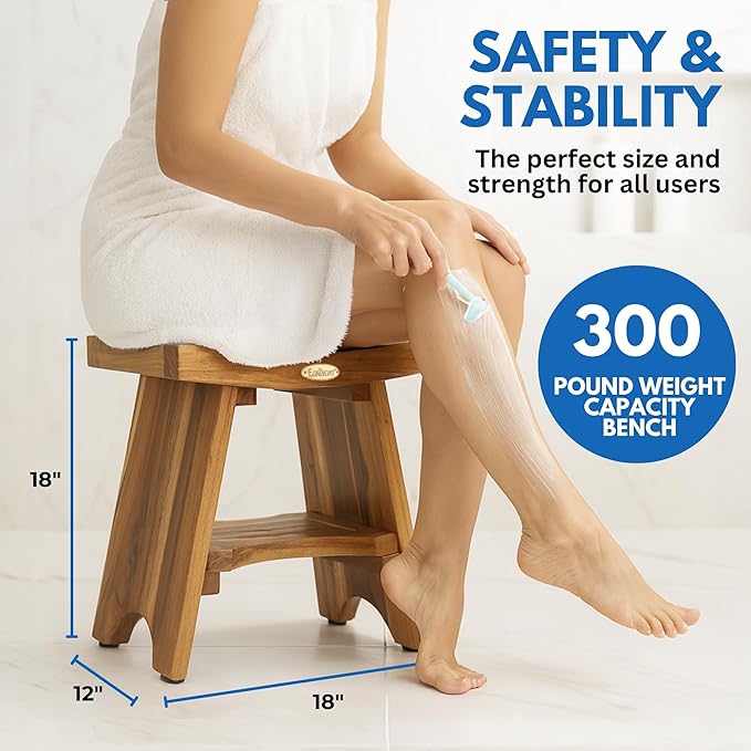 EcoDecors Serenity Teak Shower Bench – 18 Inch, Natural Finish + Loveable 24 oz Teak Oil + Loveable 32 oz Teak Cleaner + Loveable 16 oz Protexion Sealer