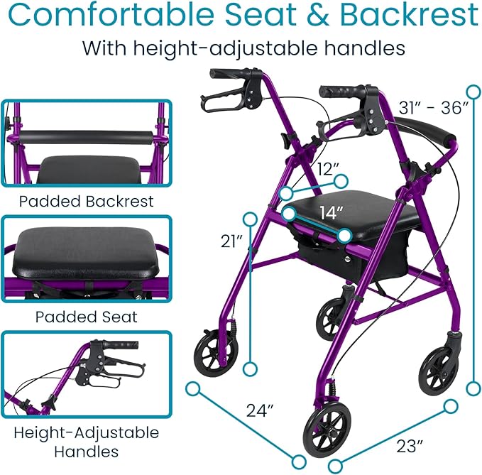 Vive Ultra Lightweight Rollator Walker with Seat - Foldable, Narrow, Rolling Senior Walker for Small Spaces - 4 Wheel Aluminum Adult Easy Drive Aid with Underseat Accessory