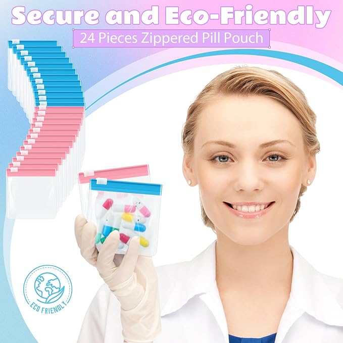 Handepo 24 Pieces Pill Pouch Bags Zippered Set Reusable Translucent Medicine Organizer Sealing Travel Plastic Bags with Slide Lock for Storage (Pink, Blue)