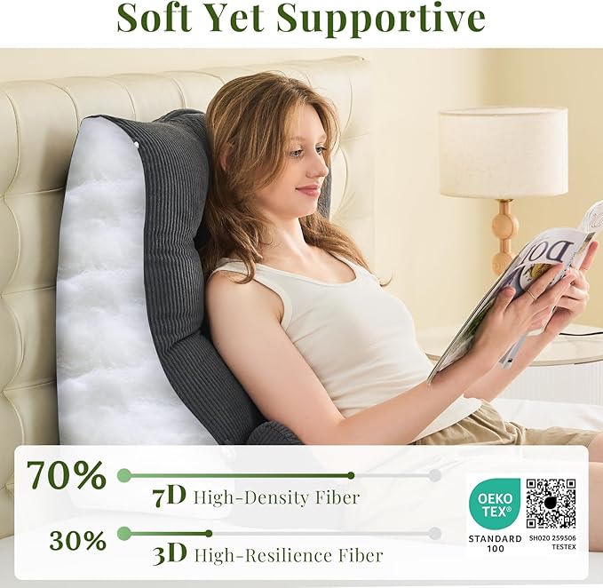 Sasttie Wedge Pillow Set, 2PCS Reading Pillow for Sitting, Bed Wedge Pillow Headborad for Sleeping, After Surgery, Acid Reflux, Leg and Back Support, with Neck Cushion, 23"x11.5"x23", Dark Grey