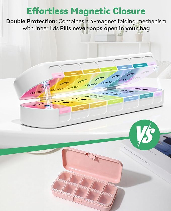 Foldable Weekly Pill Organizer 2 Times a Day - Magnetic Moisture-Proof 7 Day Pill Box AM PM, Portable Travel Medicine Organizer with Removable Lids for Vitamins, Supplements and Fish Oils