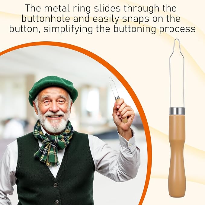 3 Pack Button Hook for Seniors, Button Assist Device with Comfort & Wide Easy-Grip Wooden Handle for Shirts, Coats, Dresses, Elderly Assistance Products for Arthritis & Limited Dexterity
