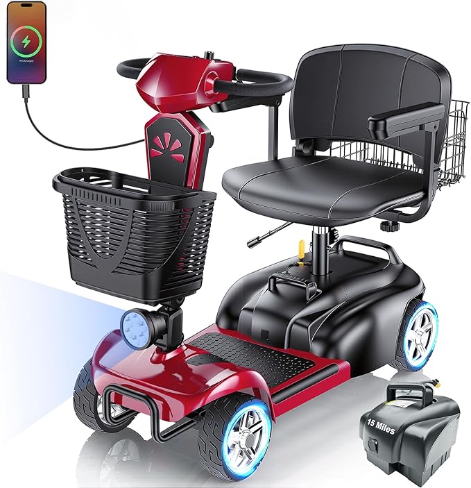 15/25/30/50Miles Eldryvon 4 Wheels Electric Mobility Scooter for Seniors, Dual Basket, 350W Powered Wheelchair with Rotating Seat, Foldable Motorized Scooter for Adults (Red, 30Miles)