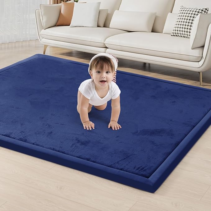 ACOMOPACK Baby Play Mat for Floor 1.3" Thick Memory Foam Play Mat 59"×71" Tummy Time Crawling with Non-slip Bottom for Living Room,Nursery,Soft Velvet Playpen Mats for Kids,Infants（Royal Blue）